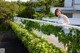 A woman standing on a bridge with ivy growing over it.