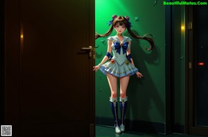 A woman standing in front of a green door.