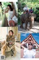 A collage of photos of a woman in a white dress and a tiger.